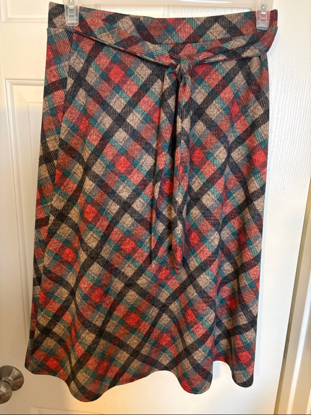 Plaid A-Line Midi Skirt with Self Tie - Red, Teal, Black